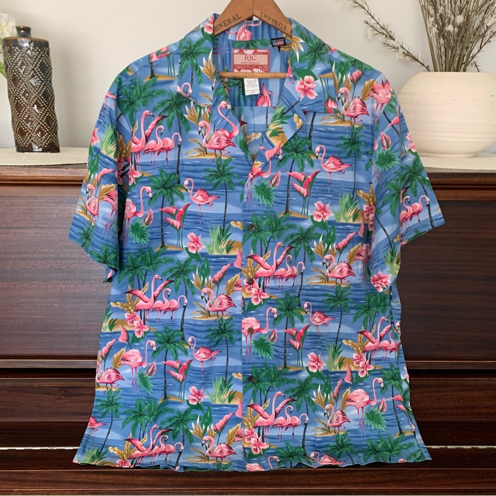 RJC Hawaiian Shirt Pink Flamingo Orchid Short-Sleeve Button-Down, Size 2XL